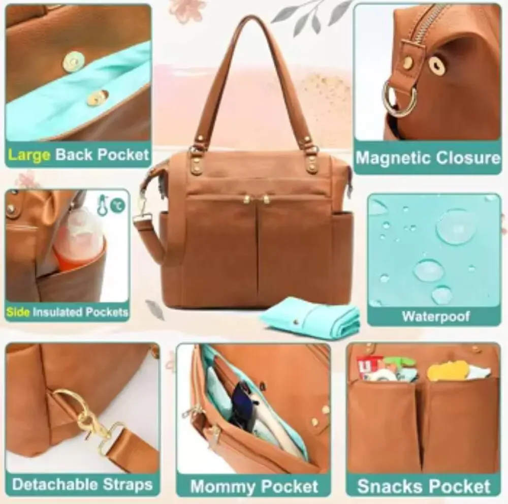 Mominside Diaper Backpack Tote Bag Brown Vegan Convertible Insulated Waterproof